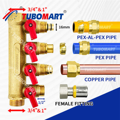 1/2 inch Messing Pex Manifold 150 Psi Voor loodgietersprojecten 200°F Maximum Temperatuur